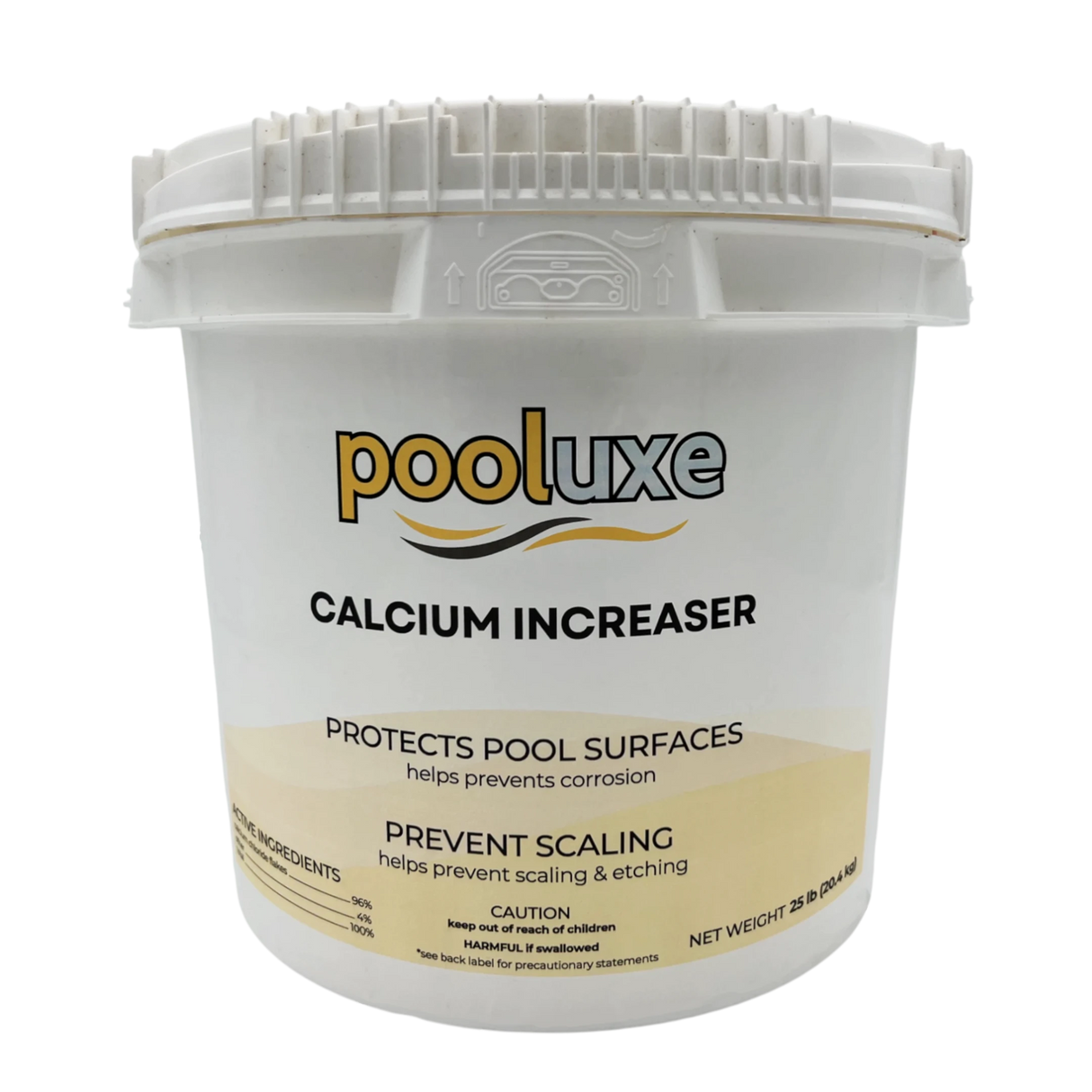 White bucket of Pooluxe Calcium Increaser on a white background