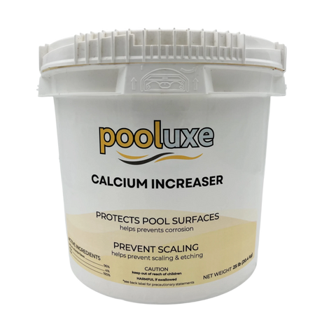 White bucket of Pooluxe Calcium Increaser on a white background