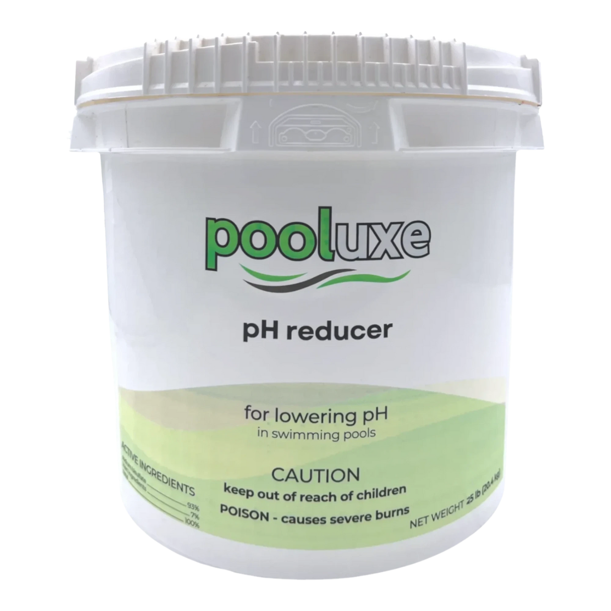 25 pound bucket labeled 'pooluxe pH reducer' on a white background