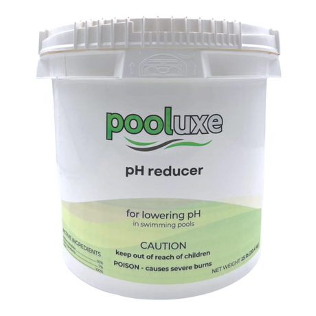 25 pound bucket labeled 'pooluxe pH reducer' on a white background