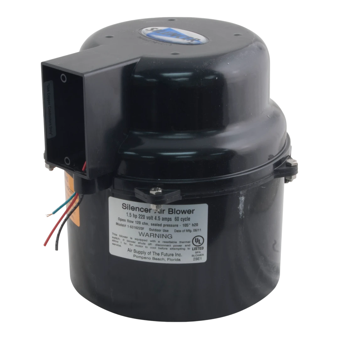 1.5HP Silencer Air Blower for spas and hot tubs, quiet operation.