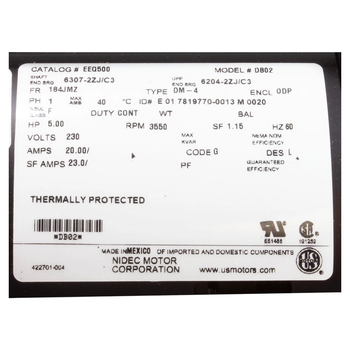 U.S. MOTORS EQ Series ODP Pump Motor 5HP (EEQ500) — product label