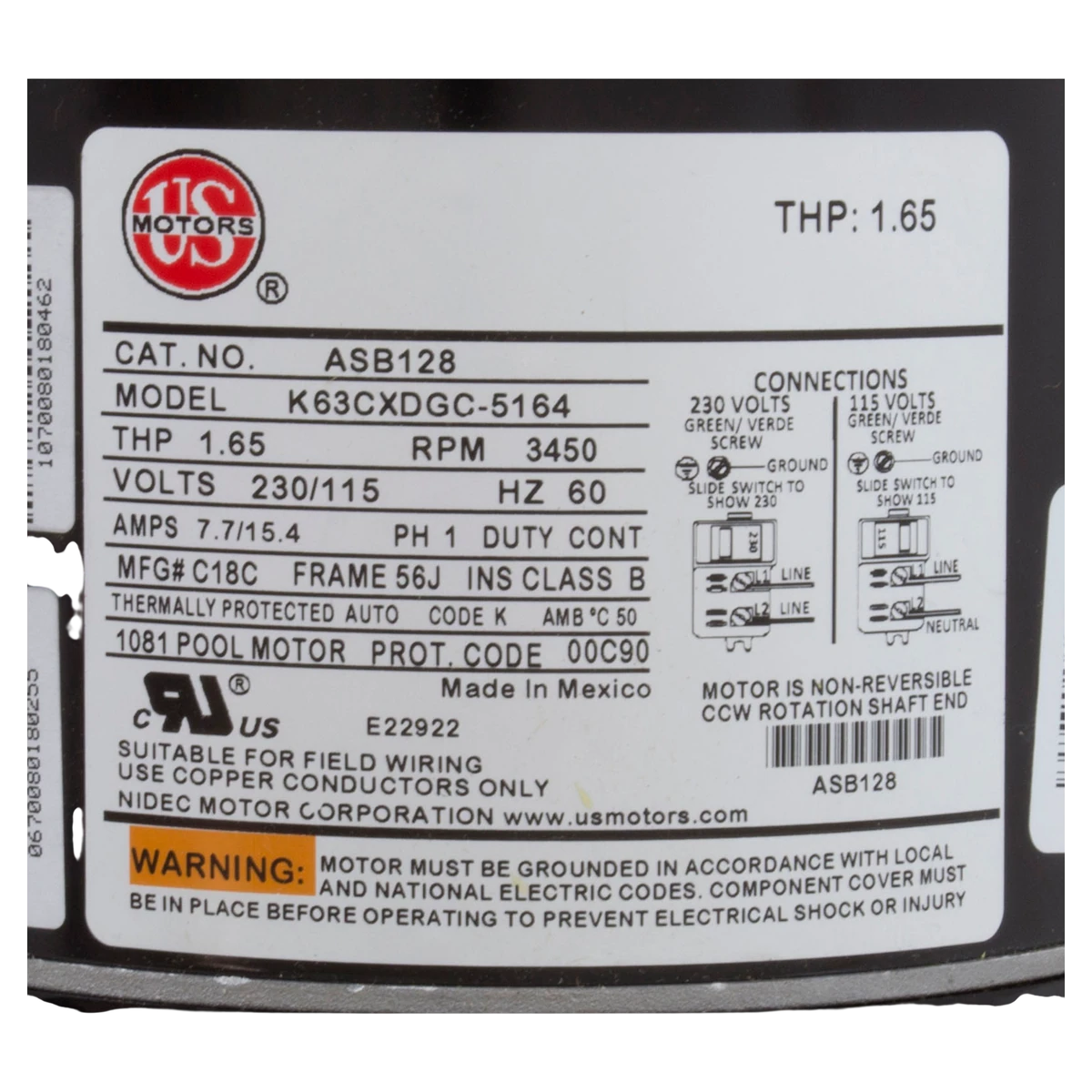 US Motors C-Flange Pump Motor 1HP 115/230V 56J (ASB128) — product label