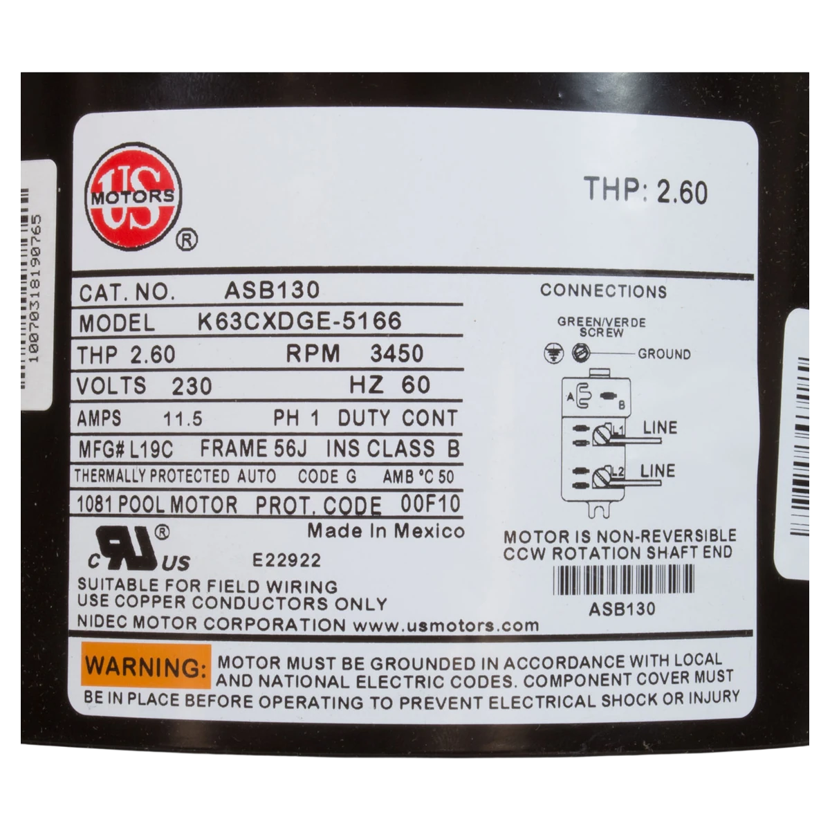 US Motors Aqua-Shield C-Face Pump Motor (ASB130) — product label