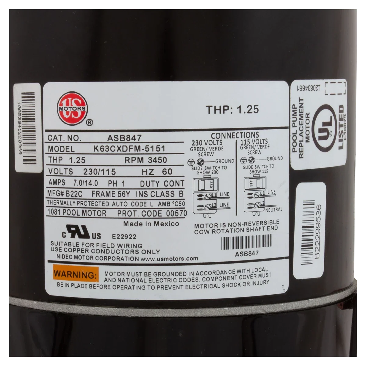 US Motors Square Flange Pool Motor (ASB847) — product label