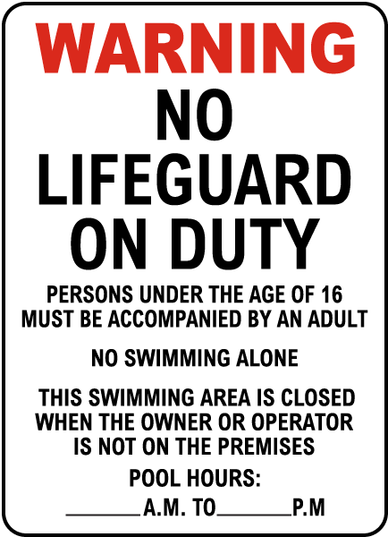NJ-Compliant NO LIFEGUARD ON DUTY Sign for Pools & Hotels - EZ Pools