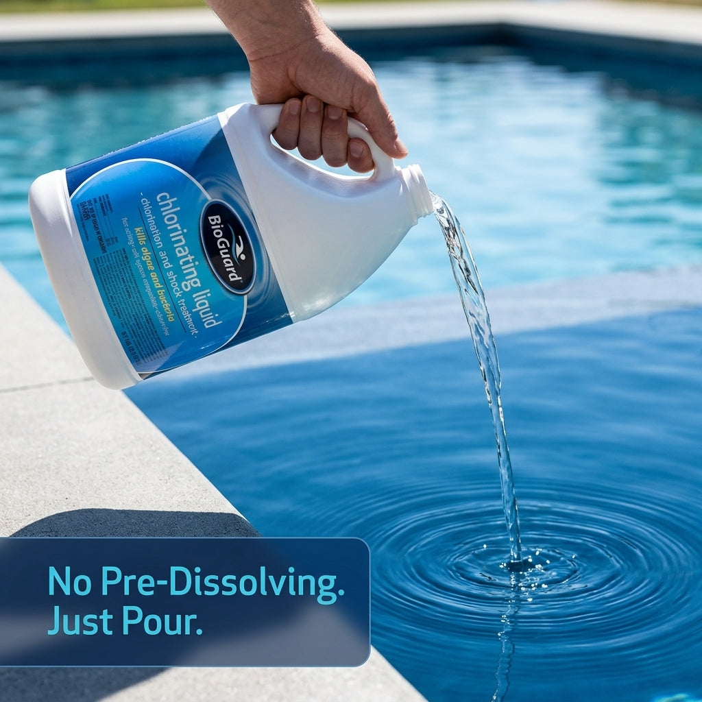 Person pouring BlueGuard pool chlorine into a pool