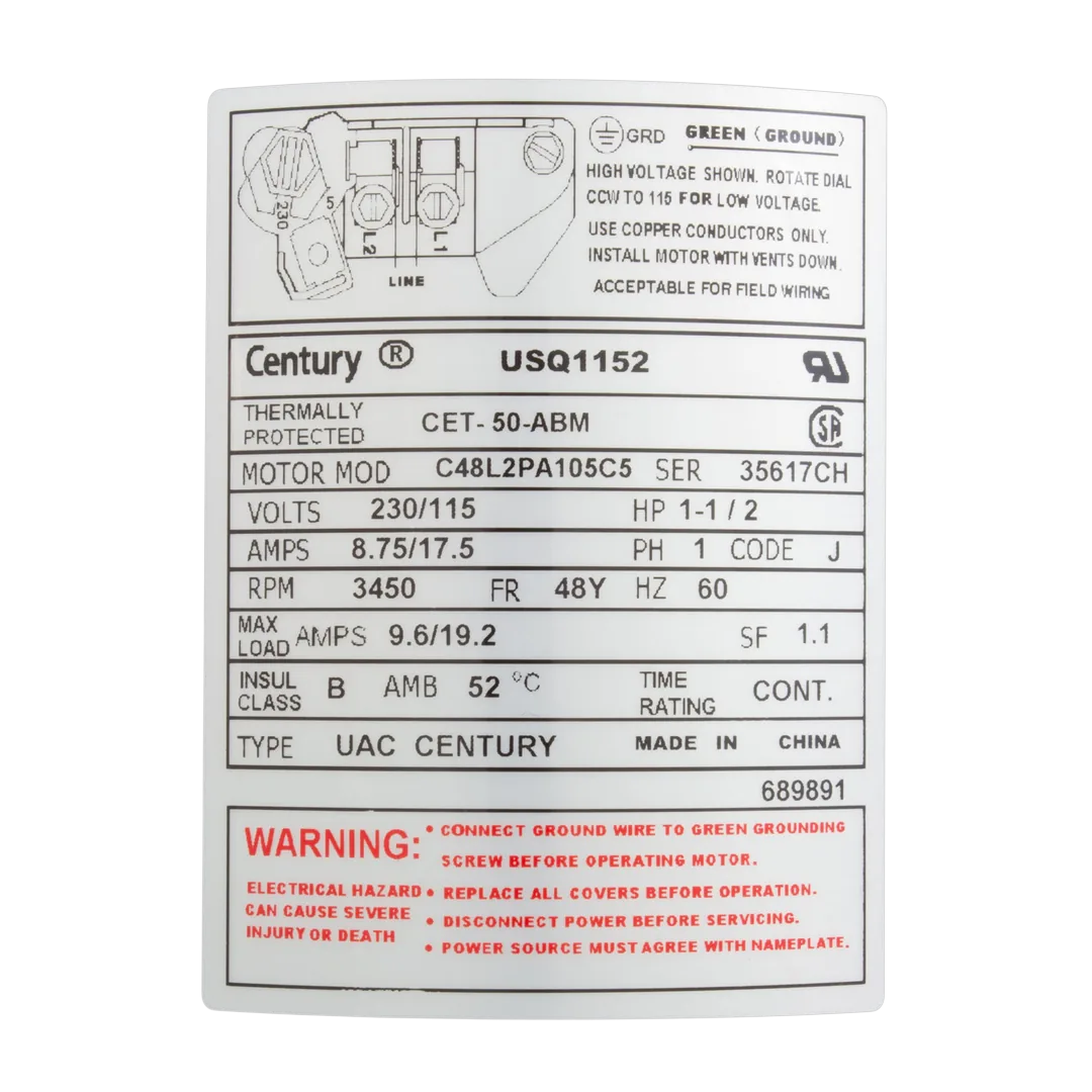 Century USQ1152 1.5 HP Up-Rated Square Flange Pool Pump Motor - Label