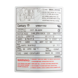 Century USQ1152 1.5 HP Up-Rated Square Flange Pool Pump Motor - Label