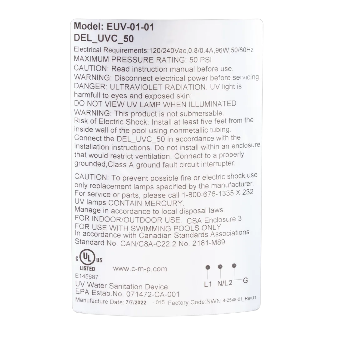 DEL UV-C 50 Pool Sanitizer Hard Wired - Label