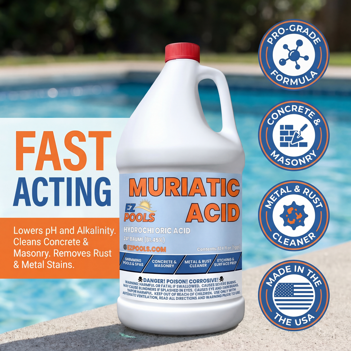 EZ Pools Muriatic Acid (4-Pack) – Lowers Pool & Spa pH Fast (HCL)