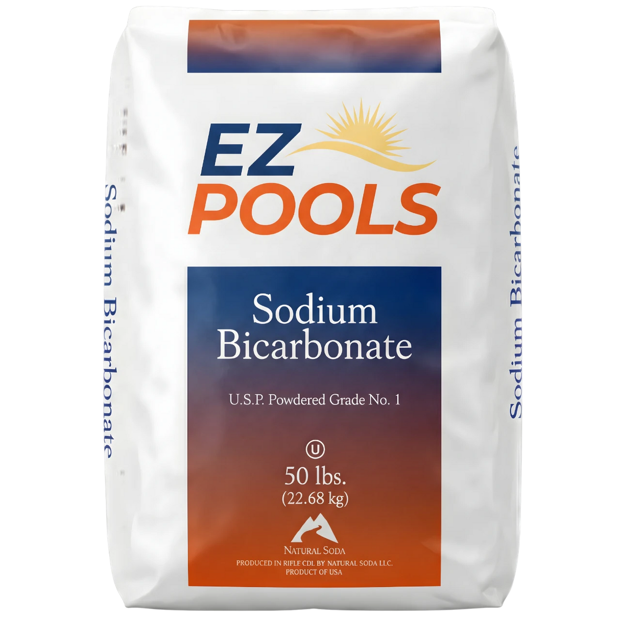50 pound Bag of EZ Pools USP Sodium Bicarbonate on a white background
