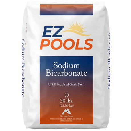50 pound Bag of EZ Pools USP Sodium Bicarbonate on a white background