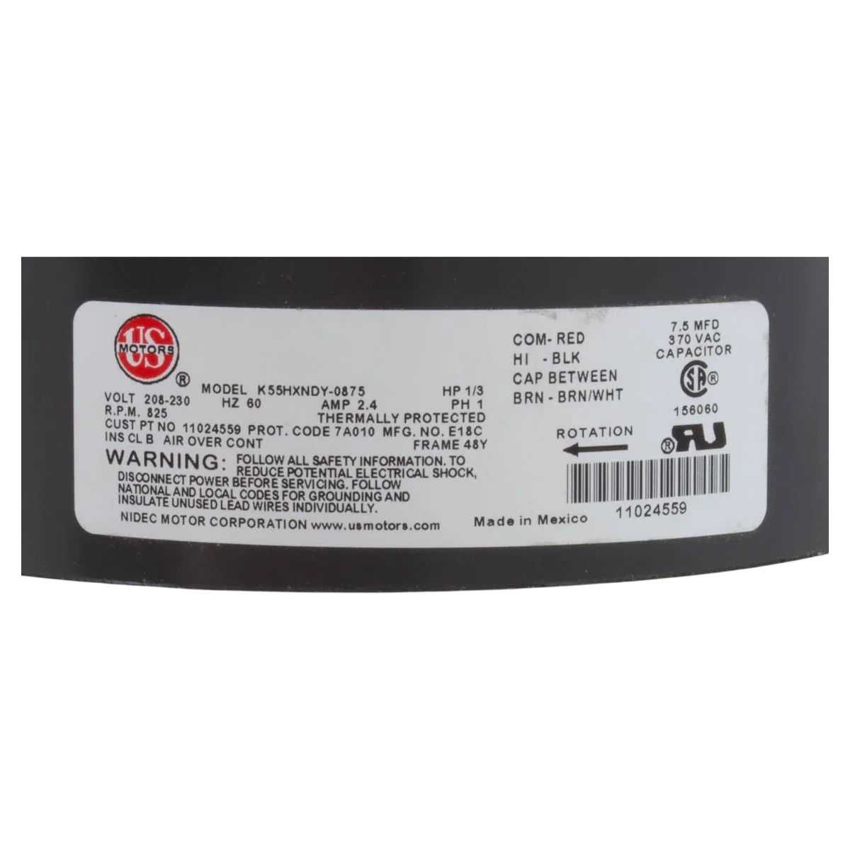 Hayward Fan Motor 1/3 HP 825 RPM — product label