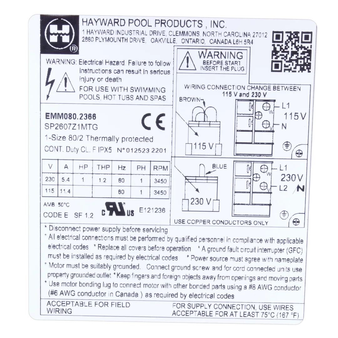 Hayward SPX2607Z1MTG Replacement Motor - Label