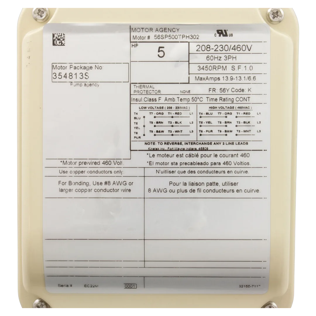Pentair 354813S Pump Motor - Label