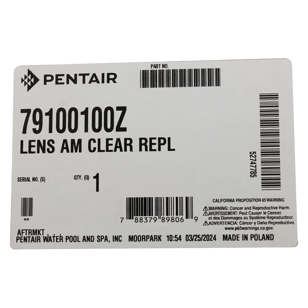 Pentair 79100100Z Clear Tempered Light Lens - Label