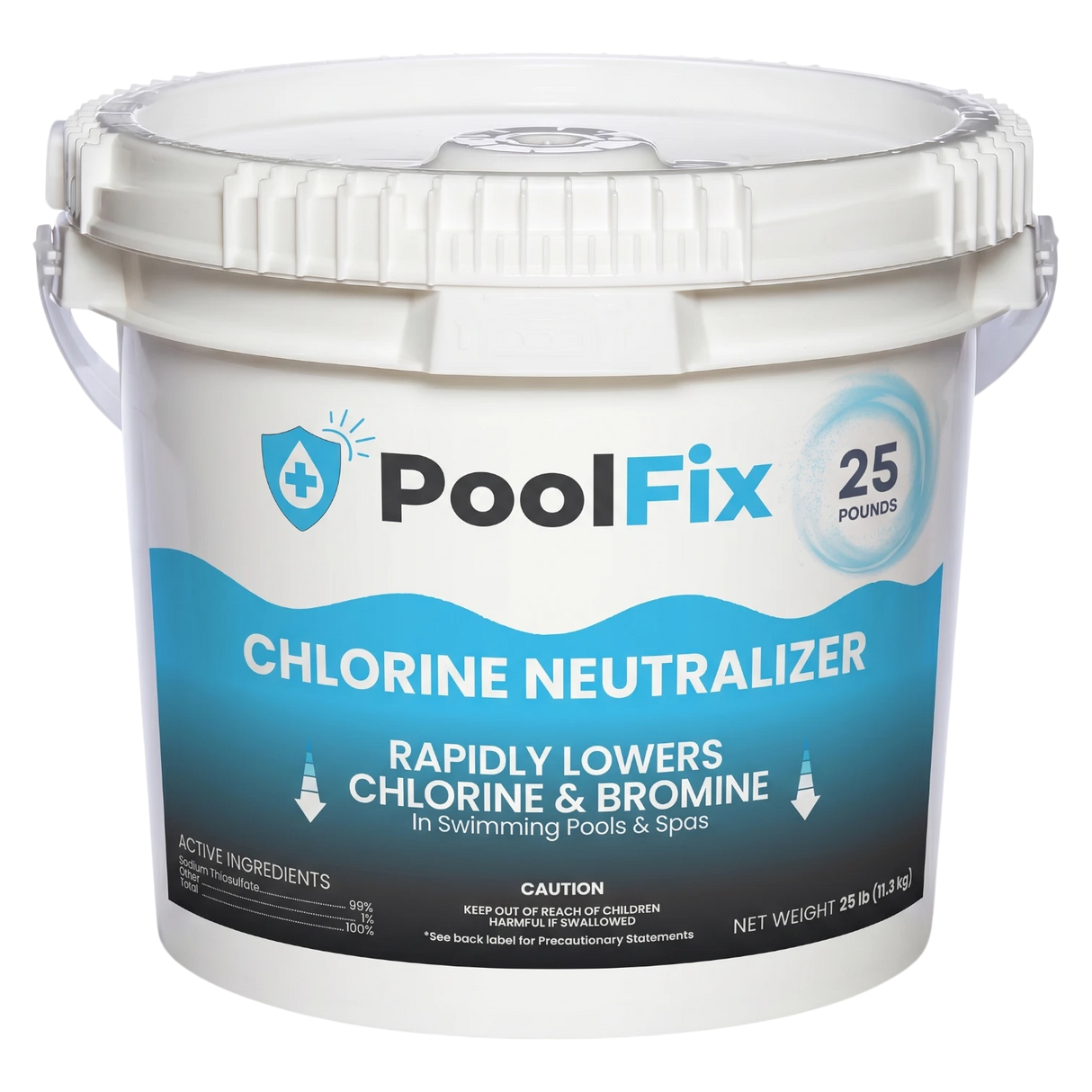 White bucket of PoolFix Chlorine Neutralizer with blue label on a white background