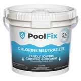 White bucket of PoolFix Chlorine Neutralizer with blue label on a white background