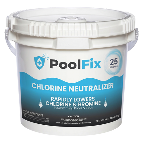 White bucket of PoolFix Chlorine Neutralizer with blue label on a white background