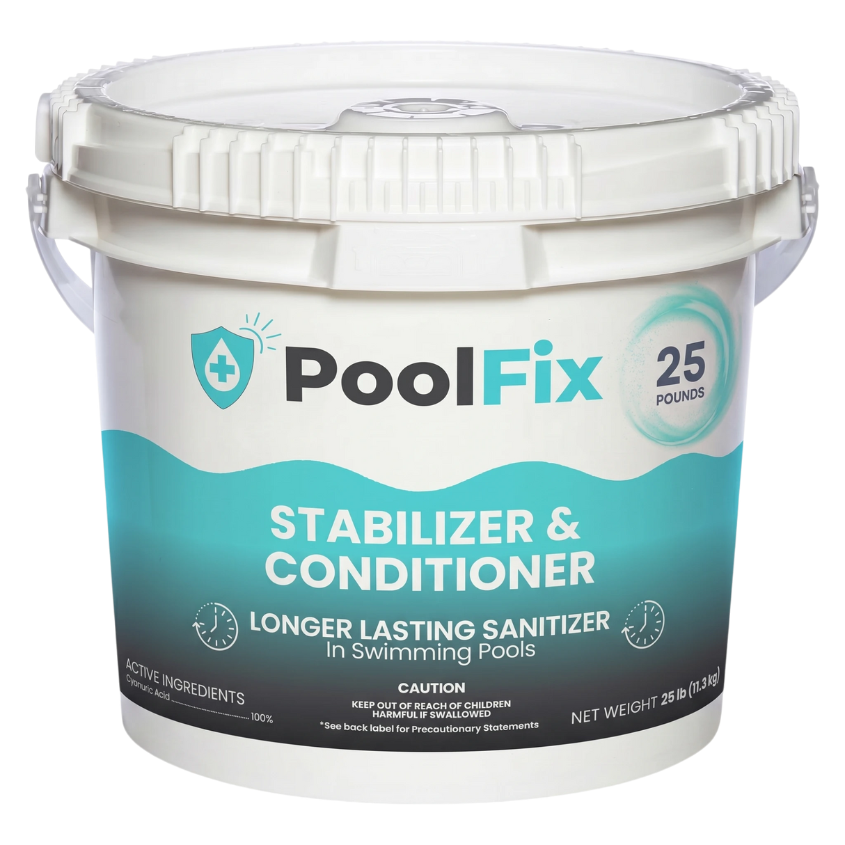 White bucket labeled 'PoolFix Stabilizer & Conditioner' on a white background