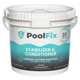 White bucket labeled 'PoolFix Stabilizer & Conditioner' on a white background