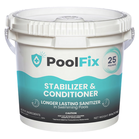 White bucket labeled 'PoolFix Stabilizer & Conditioner' on a white background