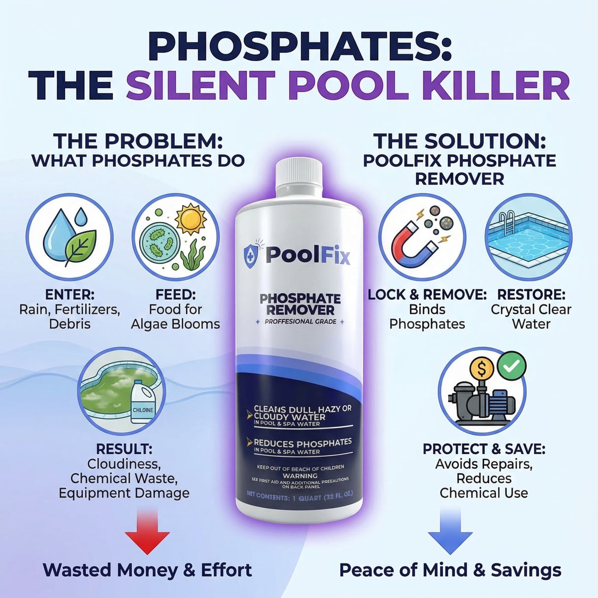 PoolFix Phosphate Remover – Reduces Phosphates for Clear Pool Water (1 Qt)