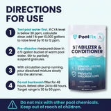 PoolFix Stabilizer & Conditioner packaging with usage instructions on a white background