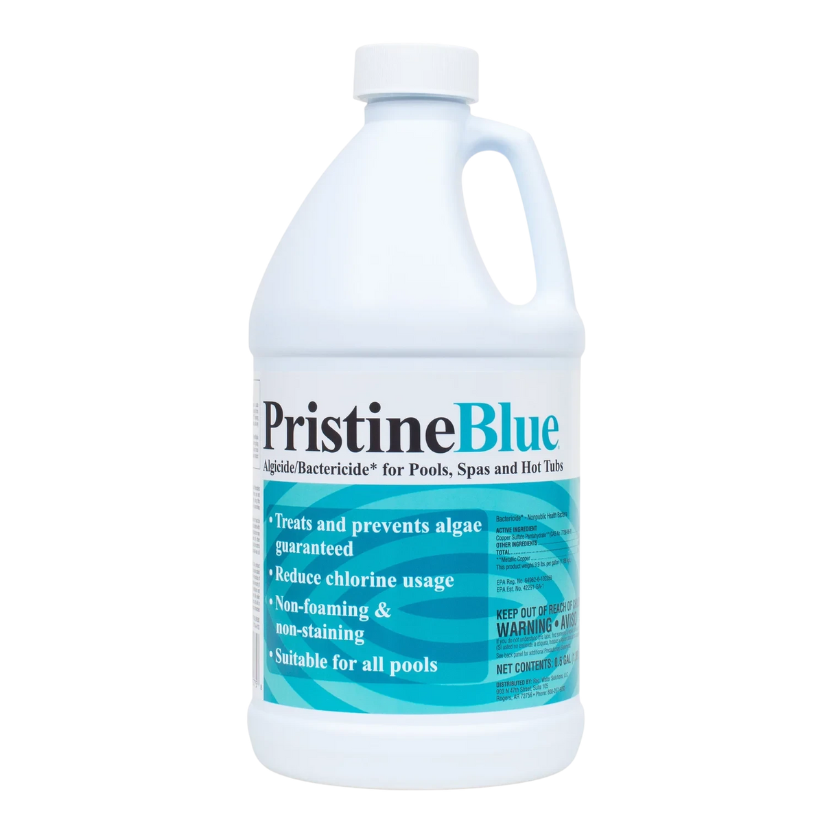 Bottle of Pristine Blue pool treatment on a white background