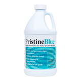Bottle of Pristine Blue pool treatment on a white background