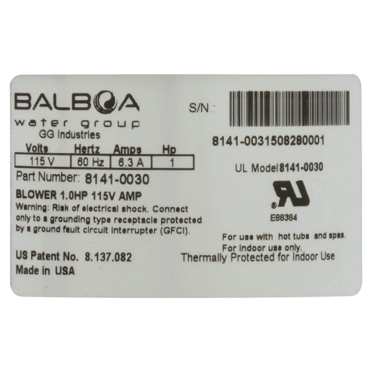 Balboa Water Group BWG Quiet-Flo 1.0HP Spa Blower (8141-0030) — product label