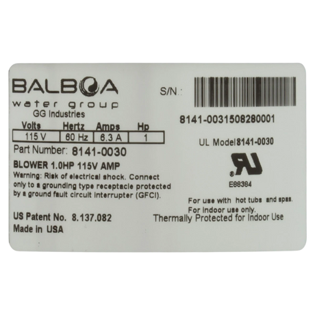 Balboa Water Group BWG Quiet-Flo 1.0HP Spa Blower (8141-0030) — product label
