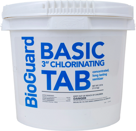 BioGuard Basic 3-inch chlorinating tablets in a 25 lb white bucket – stabilized trichlor pool sanitizer