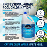 BioGuard chlorinating liquid bottle with features listed on a pool background
