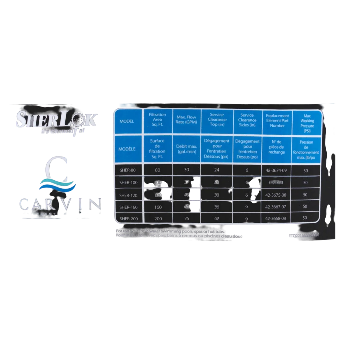 Carvin Sherlok 160 Cartridge Filter (94223810) — product label