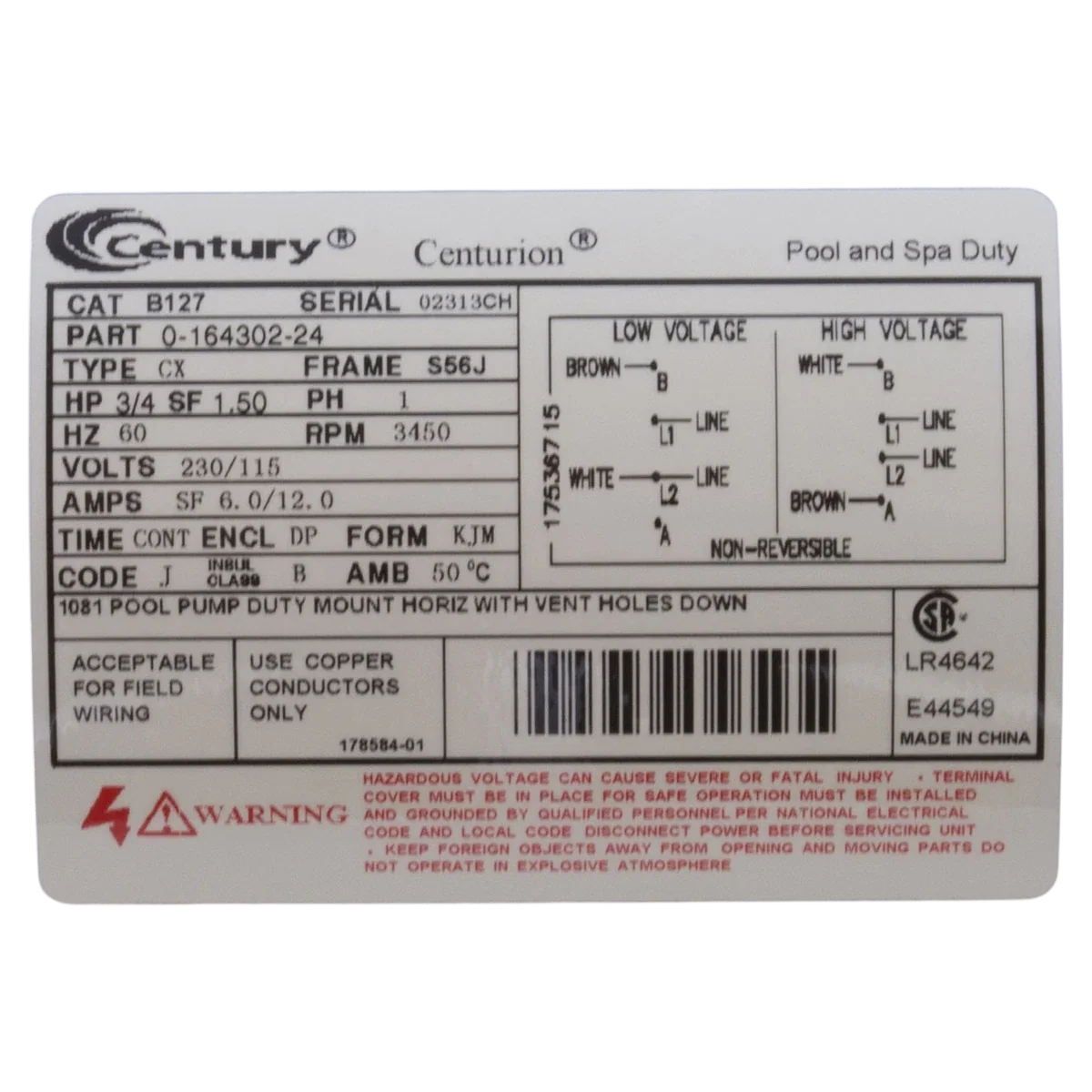 Century Pump Motor .75HP 56J Frame (B127) — product label