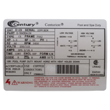 Century 1.5HP Pool Pump Motor 56J Frame (B129) — product label