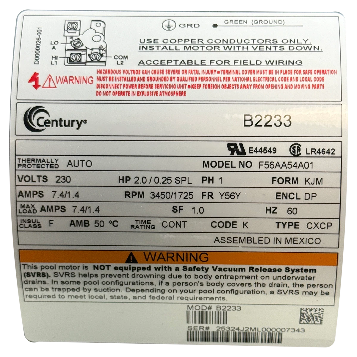 Century 2.0 HP 230V 2-Speed 56Y Motor (B2233) — product label