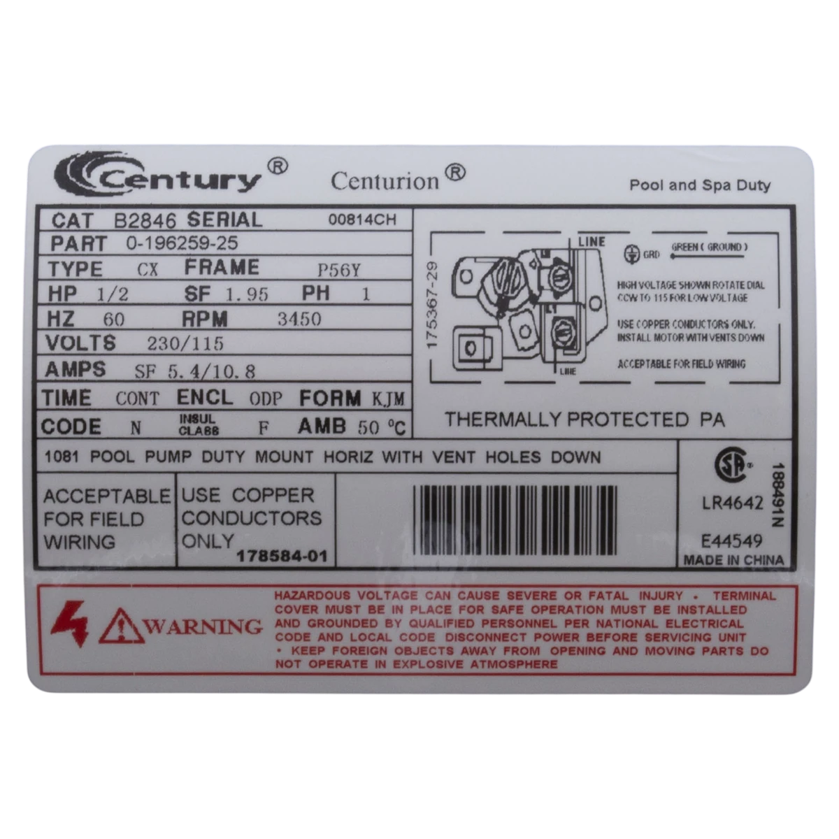 Century Square Flange 56Y Motor (B2846) — product label