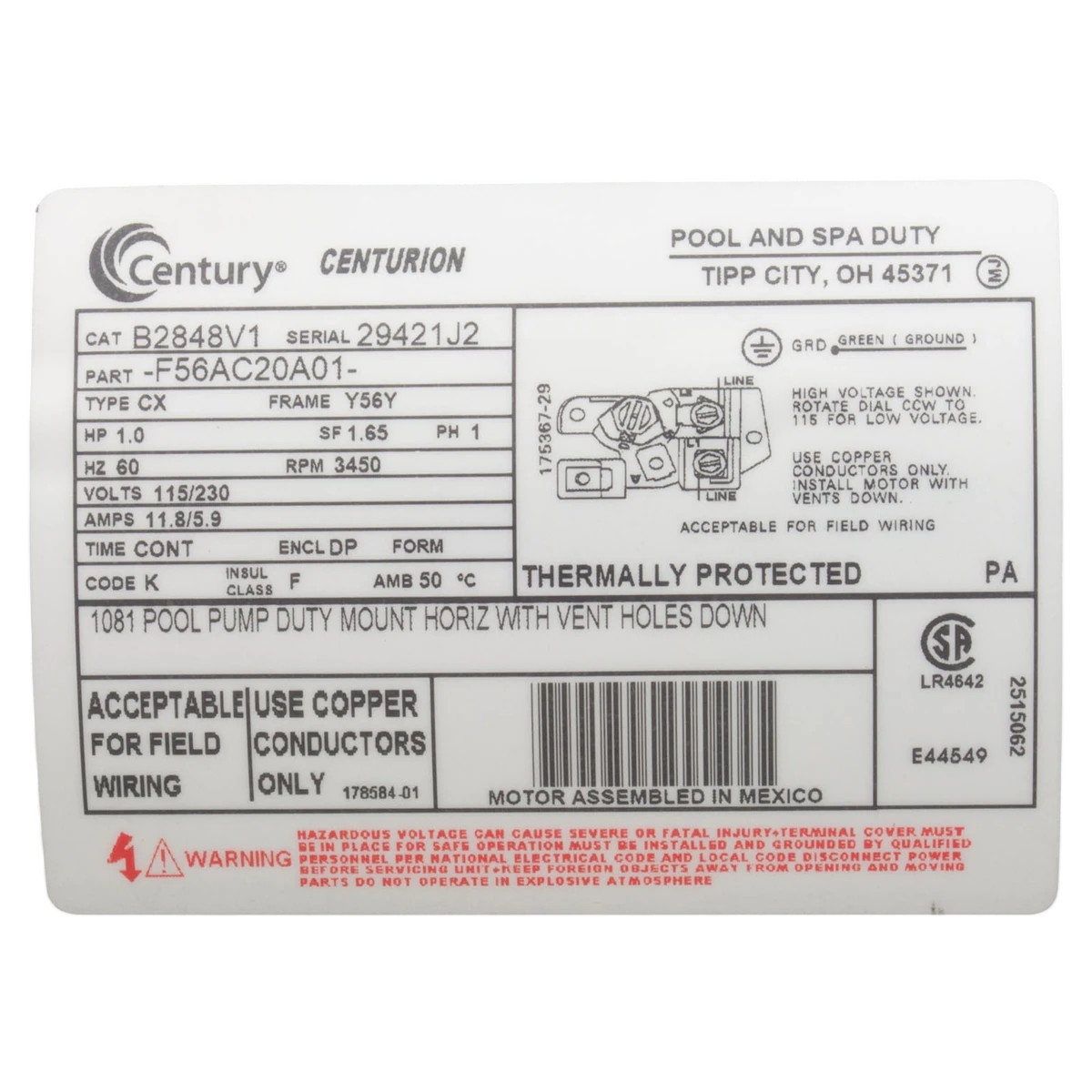 Century 1HP Square Flange Motor 56Y (B2848V1) — product label