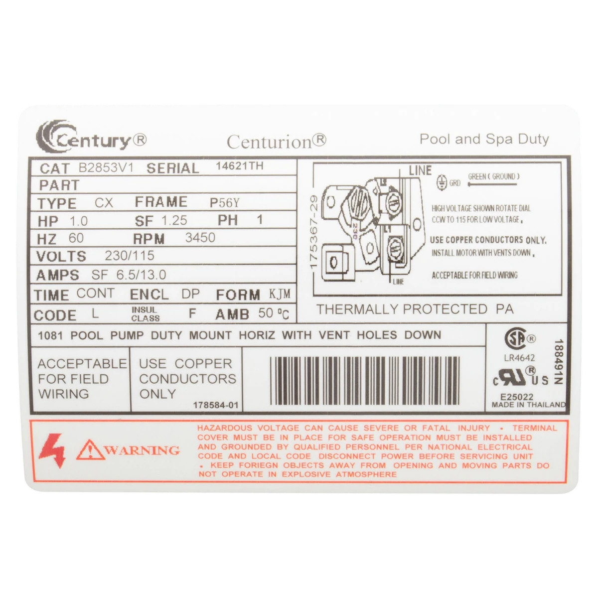 Century 1HP Pool Pump Motor 56Y Square Flange (B2853V1) — product label