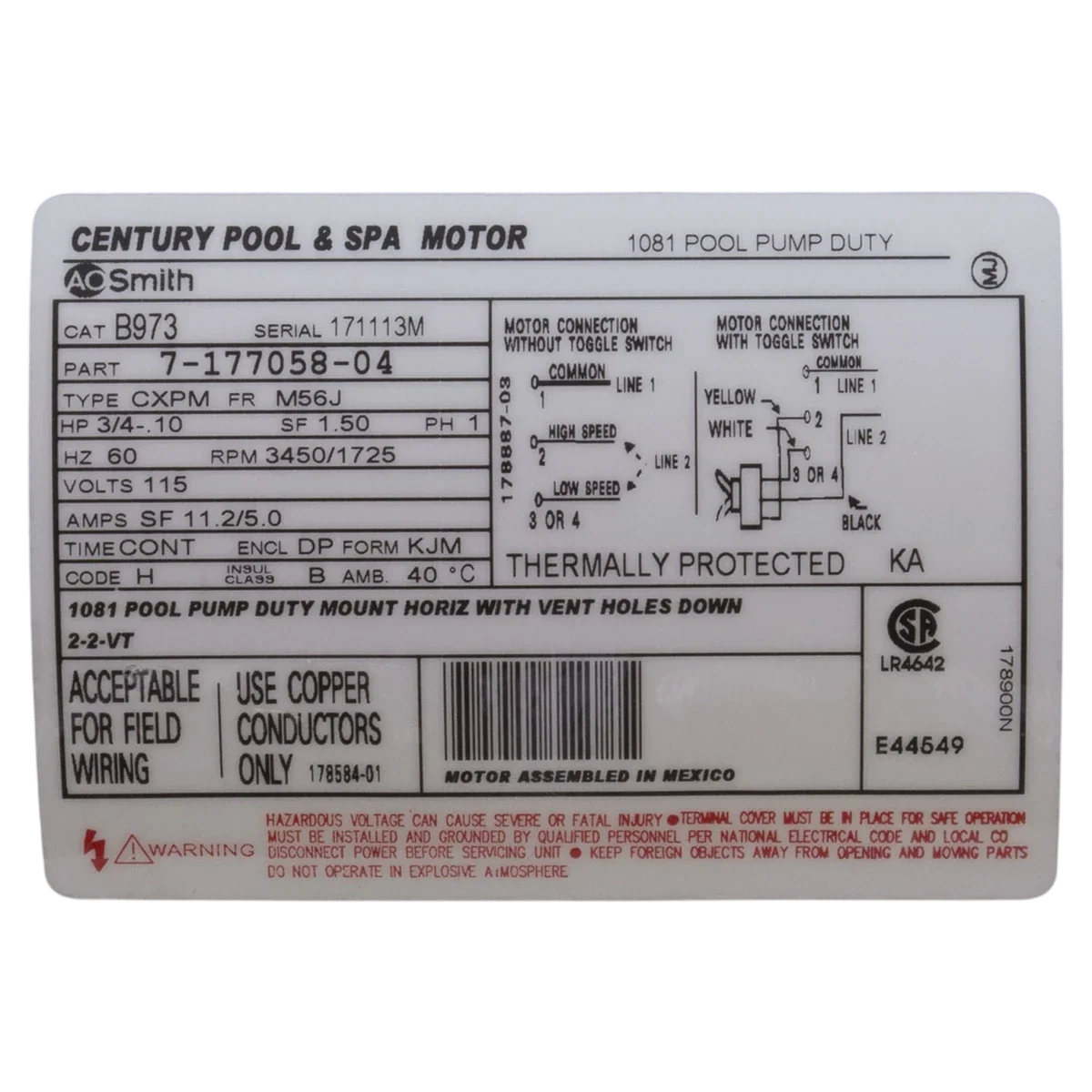 Century 0.75HP 2-Speed 56J C-Face Motor (B2973) — product label
