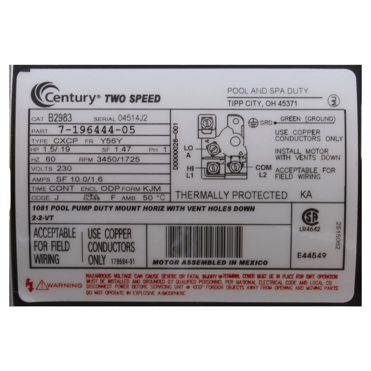 Century 1.5 HP 2-Speed 56Y Pump Motor (B2983) — product label