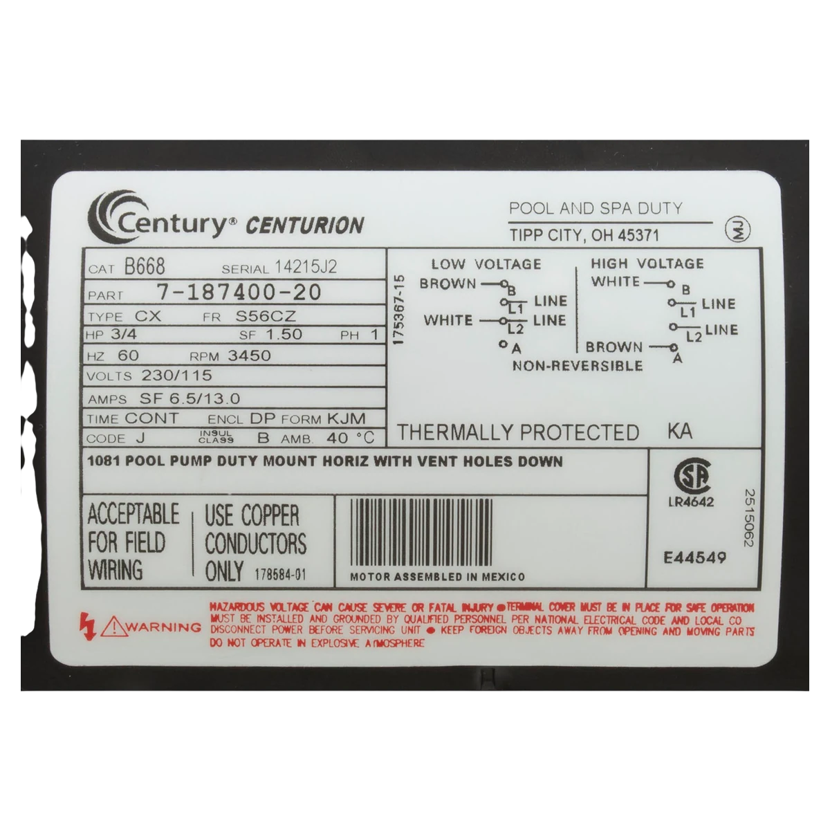 Century Letro LA01N Booster Pump Motor (B668) — product label