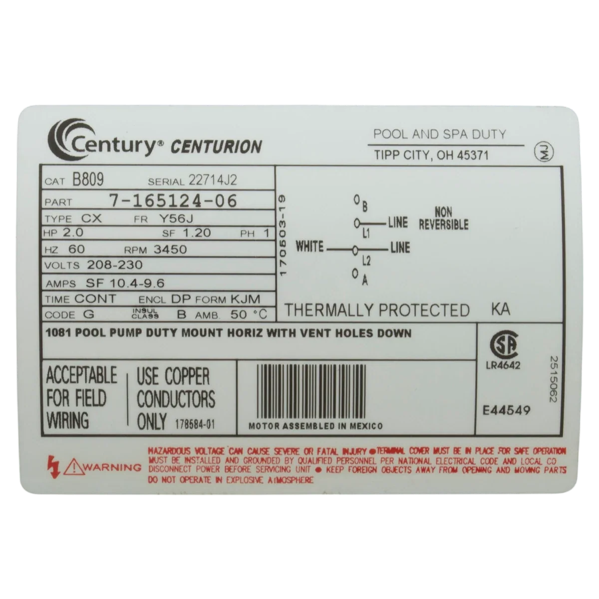 Century 2 HP Motor C-Face 56J Threaded Shaft (B809) — product label