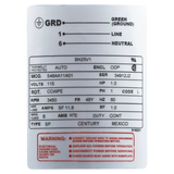 Century Thru-Bolt Pool Pump Motor 1HP 48Y Frame (BN25V1) — product label
