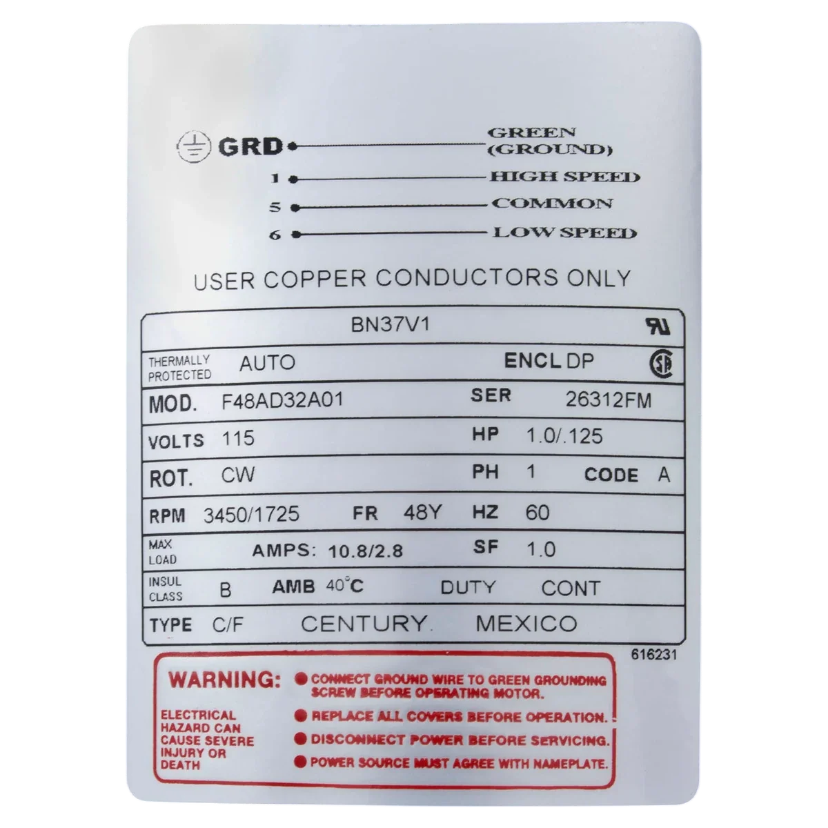 Century 1 HP 48Y 2-Speed Motor (BN37V1) — product label