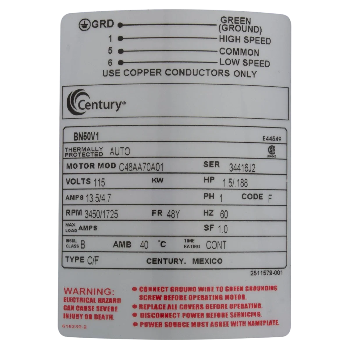 Century Flex-48 1.5 HP Thru-Bolt Motor (BN50V1) — product label