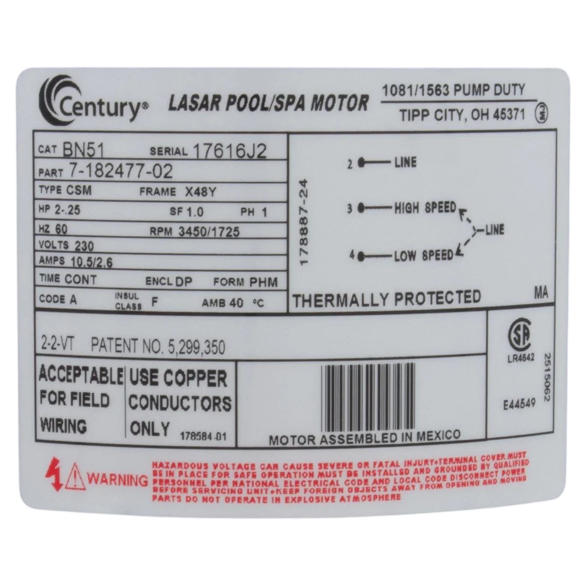 Century 2HP 2-Speed 48Y Pump Motor (BN51) — product label